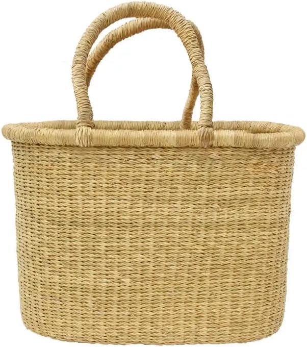 AYÉYA Oval Flat Bottom African Basket – Neutral Tones – Handwoven Wicker Market Basket with Leather Handles – Artisan Tote for Garden, Market, or Storage – Handmade in Ghana