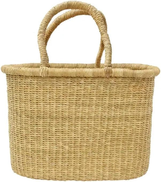 AYÉYA Oval Flat Bottom African Basket – Neutral Tones – Handwoven Wicker Market Basket with Leather Handles – Artisan Tote for Garden, Market, or Storage – Handmade in Ghana