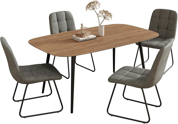 55.1'' Dining Table Set for 4,Modern Wood Dining Table,Leather Dining Chairs 4,Table and Chairs Set of 4,Ideal for Kitchen Dining Room (Walnut Color Table + 4 U-Shaped Gray Chairs, 55.1")