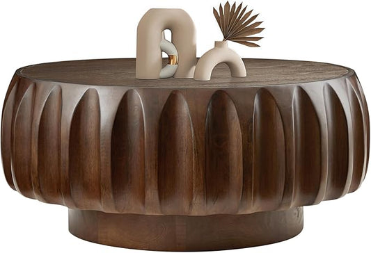 31.5" Round Coffee Table Drum Table Contemporary Wood Fluted Centry Table with Solid Wood Veneer for Living Room (Walnut)