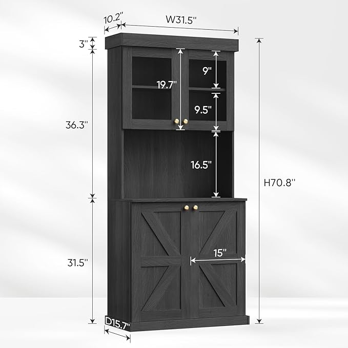 71" Tall Farmhouse Kitchen Pantry, Large Storage Cabinet with Glass Doors, Freestanding Coffee Bar Hutch with Microwave Stand, Adjustable Shelves for Kitchen, Living Room, Black