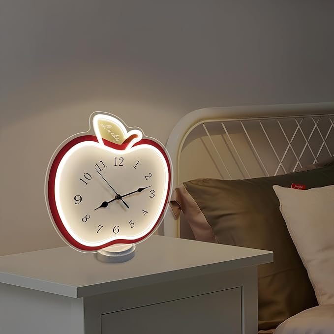 jXIN 12 Inch Apple Shaped Novelty Fun Shaped Wall Clock, 2-in-1 LED Silent Clock and Warm White Night Light, Creative Decorative Clock for Cozy Atmosphere Children's Room