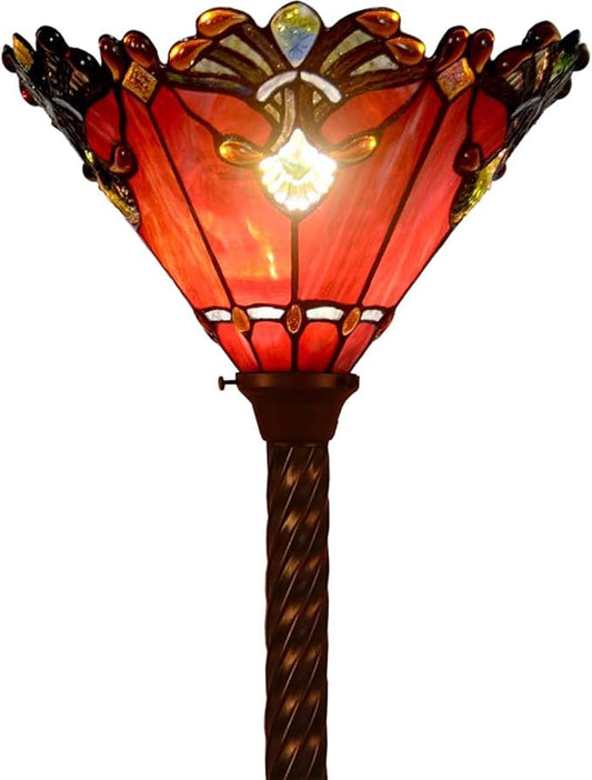 Bieye L10682 Baroque 67 inch Tiffany Style Stained Glass Torchiere Floor Lamp with 13 Inch Wide Handmade Lampshade, Metal Base with Dark Brown Baking Finish, Red