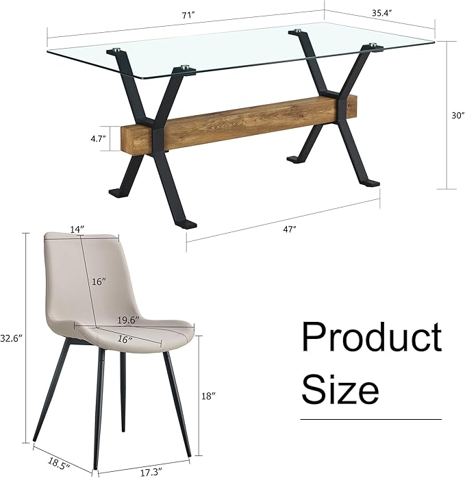 5 Piece Glass Dining Table Set, Kitchen Table Chairs Set for 4, 71'' Dining Table with 0.4" Tempered Glass Tabletop with Plated Metal Legs and MDF Crossbar, 4 PU Chairs for Dining Room, Kitchen.