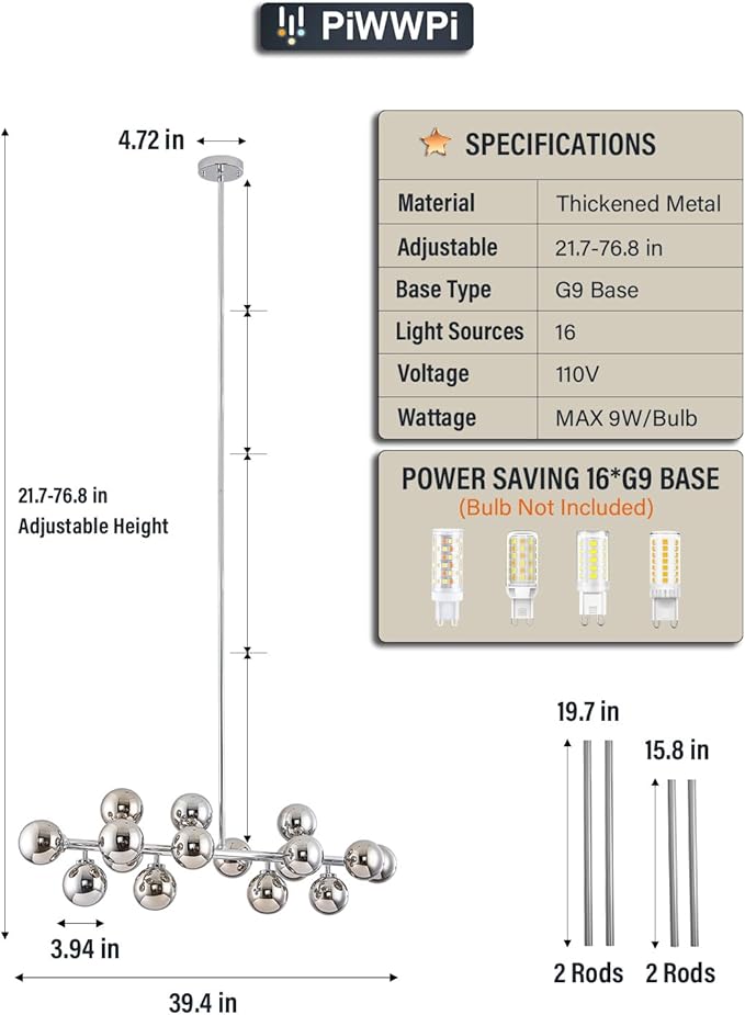 Glass Globe Sputnik Chandelier, 16-Light Mid Century Modern Light Fixture Over Table, Linear Chandeliers for Dining Room, Kitchen Island, Chrome and Smoke Grey Bubble, 40 Inch, GC-02