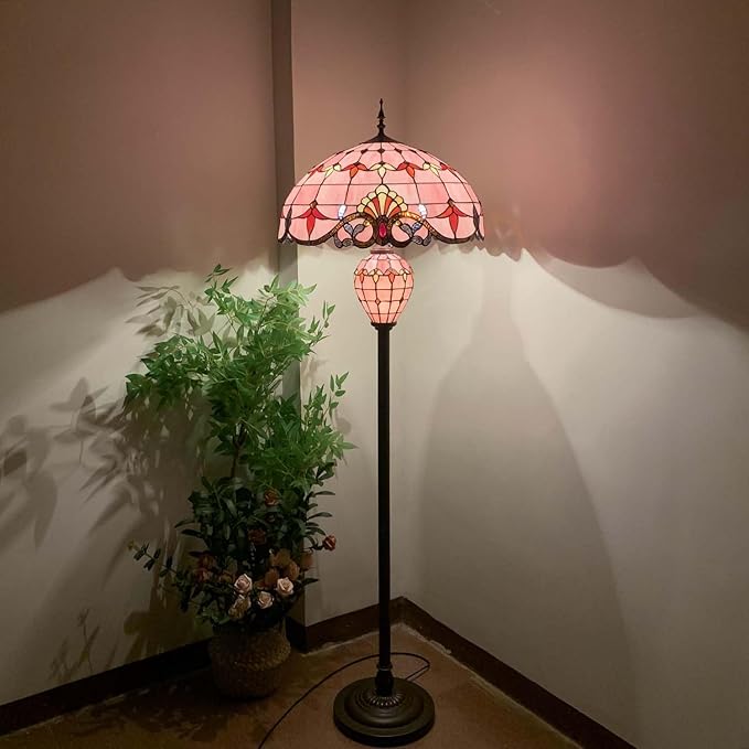 Bieye L10897 Baroque Tiffany Style Stained Glass Double Lit Floor Lamp for Home Decor (Pink, 20-inch Wide)