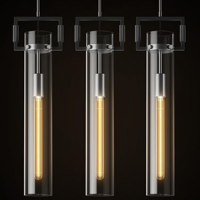 Modern Large Black Pendant Light Fixture Set of 3-21.6 Inch Adjustable Hanging Chandelier with Glass Shade & Brass Finish, Large Farmhouse Island Lighting for Kitchen, Dining Room, Bathroom