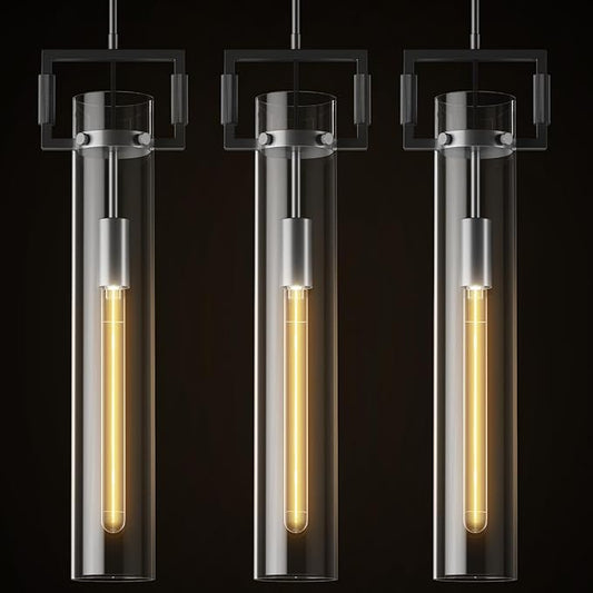 Modern Large Black Pendant Light Fixture Set of 3-21.6 Inch Adjustable Hanging Chandelier with Glass Shade & Brass Finish, Large Farmhouse Island Lighting for Kitchen, Dining Room, Bathroom