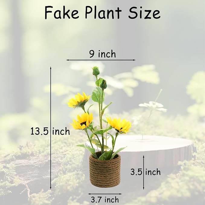 AlphaAcc 13.5 inch Faux Yellow Sunflower Fake Plant Realistic Artificial Potted Greenery in a Rope-Striped Cement Planter Perfect for Indoor Table Centerpieces Porch Décor