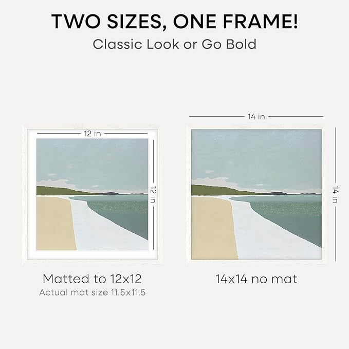 Homeforia 14x14 White Picture Frame, High End Oak 14 x 14 Square Wood Frames with Mat 12 by 12 inches Photo, 14by14 White Wooden Poster Frames Matted to 12x12 Print, Tempered Glass, Wall Kit, Set of 1