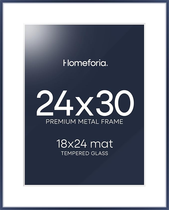 Homeforia 24x30 Frame Navy Blue, High End Metal 24x30 Picture Frames with Mat 18x24 Photo, 24 x 30 Thin Navy Blue Poster Frame Matted to 18 by 24, 30x24 Large Frame, Tempered Glass, Wall Kit, Set of 1