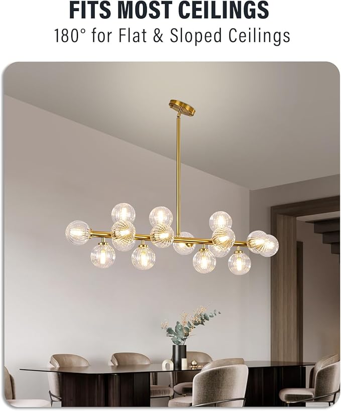 Glass Globe Sputnik Chandelier, 16-Light Mid Century Modern Light Fixture Over Table, Linear Chandeliers for Dining Room, Kitchen Island, Brass Gold and Clear Bubble, 40 Inch, GC-02