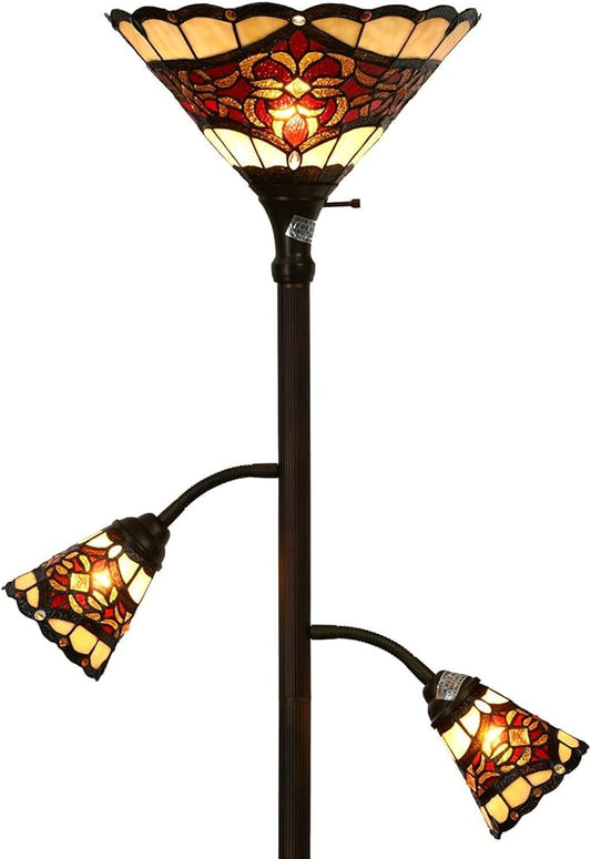 Bieye L10868 Tiffany Style Stained Glass 3-Light Torchiere Floor Lamp with Sidelights for Reading, 70-inches Tall (Baroque, Red)