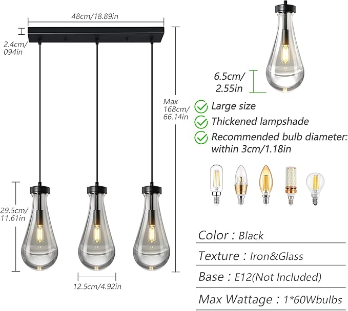 Raindrop Pendant Lights Kitchen Island Teardrop Black Hanging Light Fixtures Clear Solid Glass Pendant Light Modern Chandeliers for Dining Room Porch Corridor Living Room(Long Plate-3 Lights)