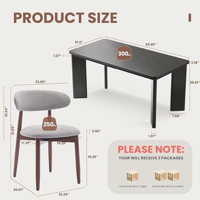 5-Piece Rectangular Dining Table Set for 4, 63" Industrial Kitchen Table with 4 Wooden Upholstered Dinner Chairs for Dining Room, Kitchen, Living Room, Black+Light Gray