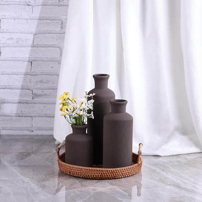 Brown Ceramic Vase Set of 3 – Small Flower Vases, Modern Farmhouse Boho Flower Vases for Home Decor, Rustic Pottery Vases for Centerpieces, Living Room, Shelf, Fireplace, Entryway Decor, Table