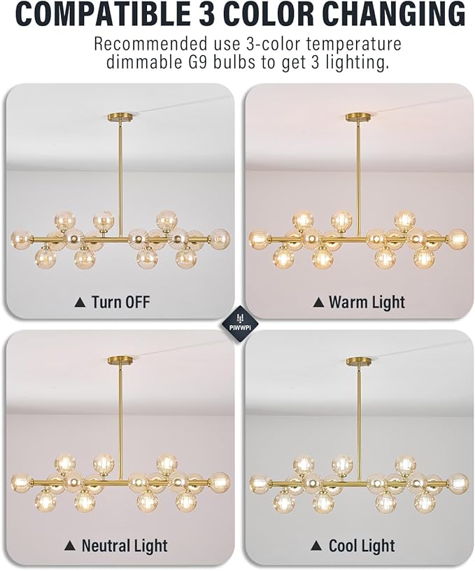 Glass Globe Sputnik Chandelier, 16-Light Mid Century Modern Light Fixture Over Table, Linear Chandeliers for Dining Room, Kitchen Island, Brass Gold and Amber Bubble, 40 Inch, GC-02