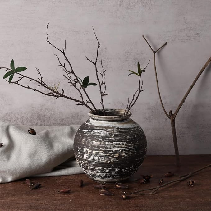 Rustic Terracotta Vase for Farmhouse Decor, Large Vintage Pottery Vases for Home, Wide Mouth Ceramic Vase for Living Room, Kitchen, Table Centerpieces, Modern Rustic Stone Vases