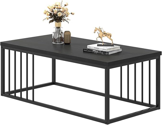 FOLUBAN Black Coffee Table, Modern Industrial Wood and Metal Center Table, Rectangle Cocktail Tea Table for Living Room, Black, 43.3 Inch