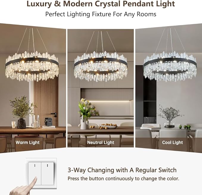 Round Modern Crystal Chandelier, Black Luxury K9 Crystal Raindrop Chandelier, Adjustable Height Pendant Ceiling Light for Dining Living Room Kitchen Island D30