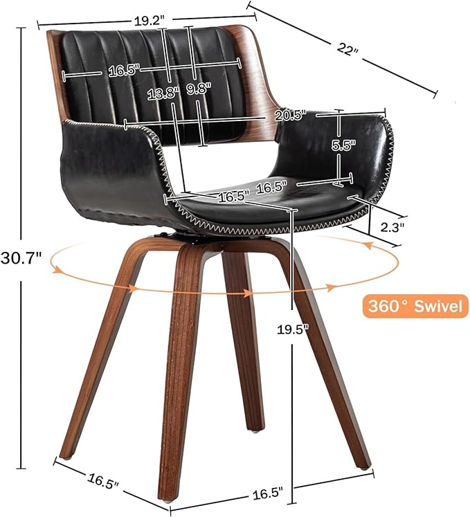 LUNLING Swivel Accent Faux Leather Dining Chairs Set of 4,Mid Century Modern Chairs with Wooden Legs/Armrest/Upholstered Seat/Adjustable Foots for Kitchen Dining Room Desk Chairs,Black