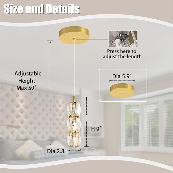 Pendant Lights Kitchen Island Single Head Gold Crystal Island Lights Dining Foyer Entrance Modern Chandeliers LED Dimmable 2700-6000K