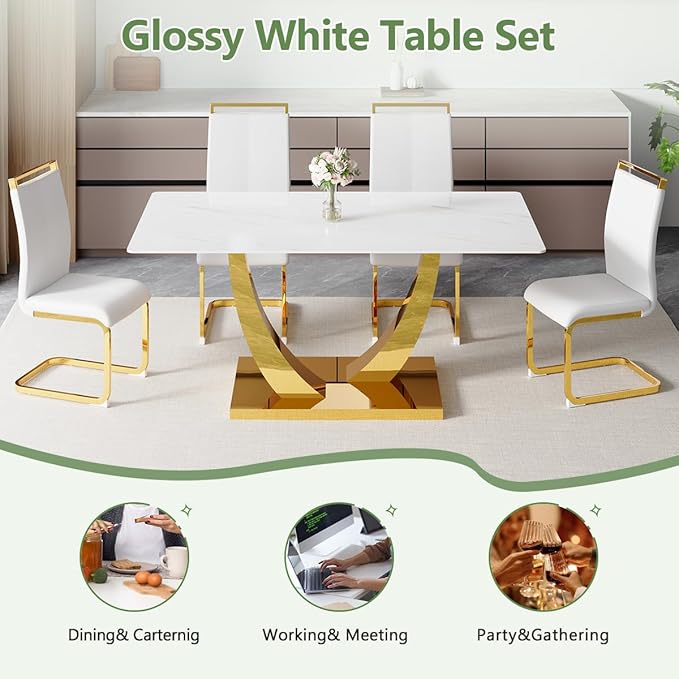 63” Dining Room Table Set for 4,Modern Gold Dining Table Set for 4, Rectangle Kitchen Table Set with Leather Chairs, White Faux Marble Dinner Table Set with Tempered Glass Top and Golden Base