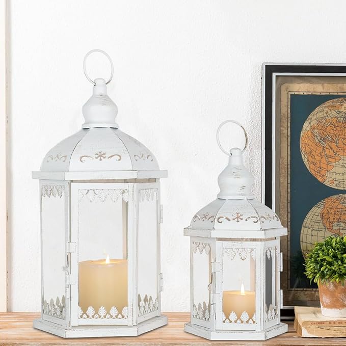 Lanterns Decorative Outdoor&Indoor, Set of 2 (15"&11") White Metal Lantern Decor with Glass, Candle Holder for Porch, Patio, Garden, Balcony, Wedding, Table Centerpiece