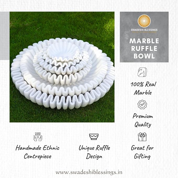 SWADESHI BLESSINGS HandCrafted Marble Ruffle Bowl/Antique Scallop Bowl/Fruit Bowl/Vintage Ring Dish/Decorative Flower Dish/HouseWarming Gift/Wedding Gifts/Urli (10 Inches)