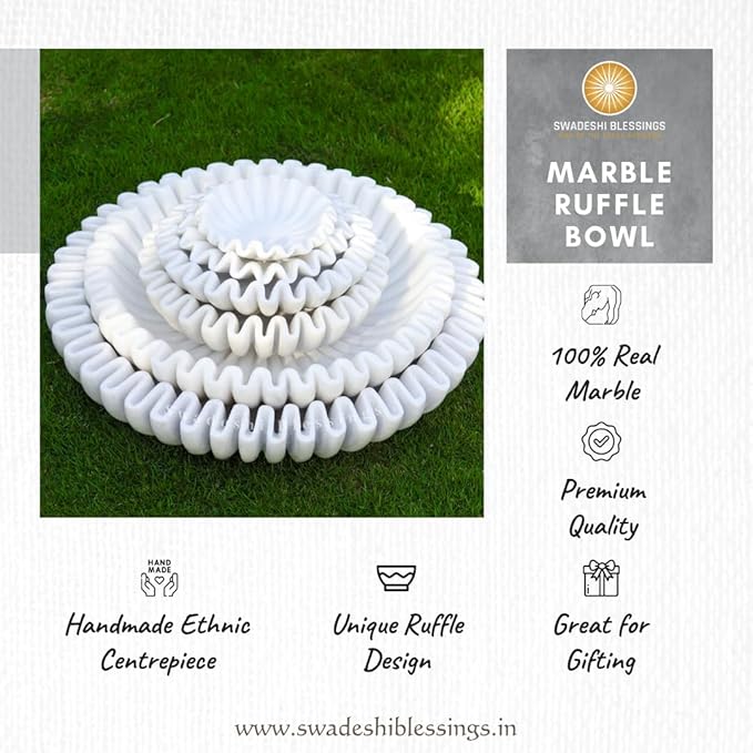 SWADESHI BLESSINGS HandCrafted Marble Ruffle Bowl/Antique Scallop Bowl/Fruit Bowl/Vintage Ring Dish/Decorative Flower Dish/HouseWarming Gift/Wedding Gifts/Urli (6 Inches)
