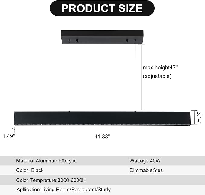Dimmable Linear Chandelier, 41 Inch Modern LED Chandelier, 40W LED Pendant Light with Adjustable Height, Black Modern Kitchen Chandeliers for Kitchen Island, Dining Room, Office, Living Room