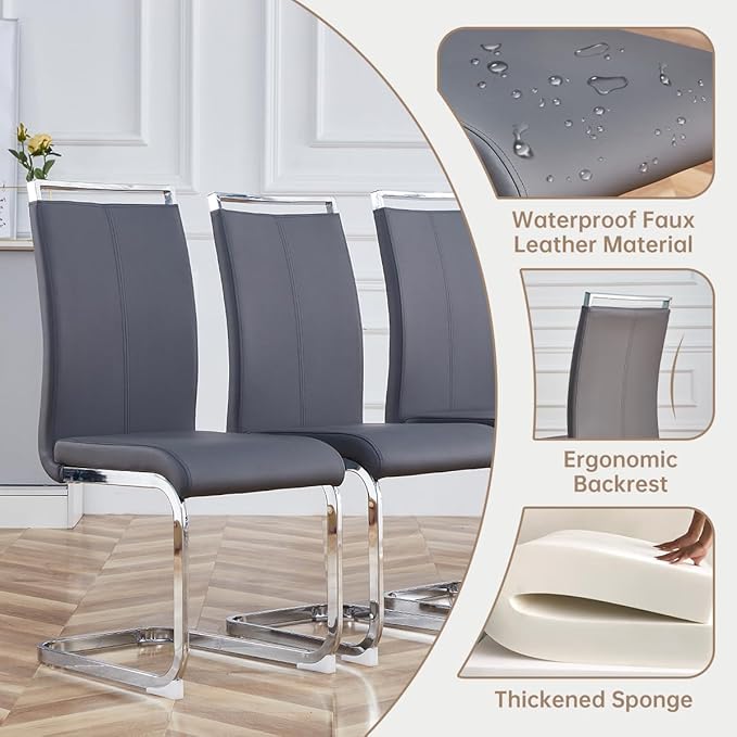 Glass Dining Room Table Set for 6,Dining Table Set for 6 with PU Leather Chairs,Retangular Dining Table with MDF Table Legs and Sliver Base for Dining Room