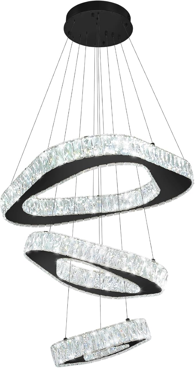 Modern Black Chandelier Adjustable 3 Rings Crystal Chandelier for Living Room Foyer Stairwell Lighting High Ceiling Light Dimmable 2700K-6000K