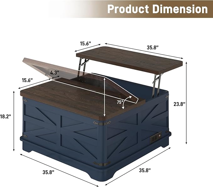 36" Farmhouse LED Lift Top Coffee Table with Storage and Power Outlets, Square Wood Living Room Tables with LED Lights & Large Hidden Space, Lift Wooden Barn Door Center Table, Navy Blue