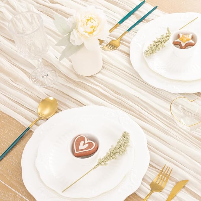 MLMC 12 Pack Ivory White Cheesecloth Table Runner Rustic Gauze White Cheese Cloth Fall Table Runner 10ft Boho Cheese Cloth Centerpiece 35x120 Inches for Dessert Anniversary Wedding Bridal Shower Decor