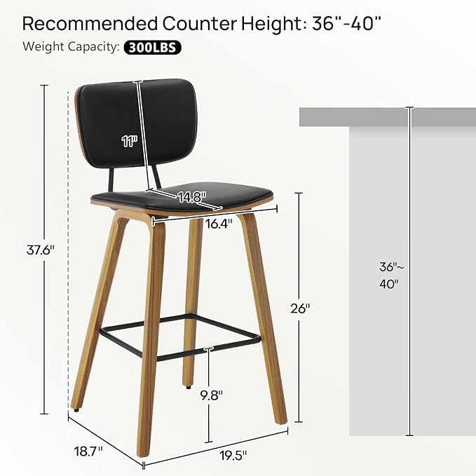 Counter Height Bar Stools Set of 4, PU Leather Upholstered Barstools with Backs, Bent Wood Legs, 26 Inch Seat Height, Mid Century Modern Counter Stools for Kitchen Island, Black