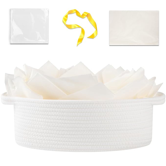 OIAHOMY Gift Basket Empty with Handle, 13.4"x 10"x 5.5" Small Woven Basket with Gift Bag, Ribbon and Wrap Tissue Paper, Dog Toy Storage for Organizing - White