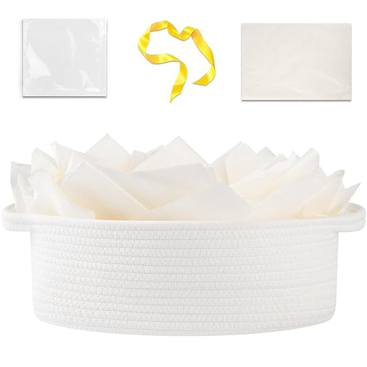 OIAHOMY Gift Basket Empty with Handle, 13.4"x 10"x 5.5" Small Woven Basket with Gift Bag, Ribbon and Wrap Tissue Paper, Dog Toy Storage for Organizing - White