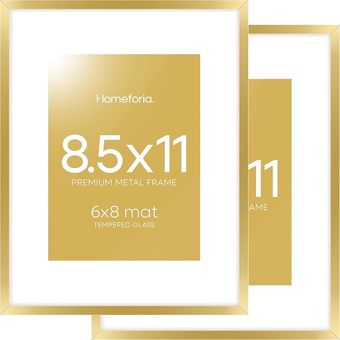 Homeforia 8.5 by 11 Picture Frame Gold, High End Metal 8.5x11 Poster Frames with Mat 6x8 Photo, 8.5 x 11 Frame Matted to 6 x 8 Print, 8.5by11 Wall or Tabletop Frame, Tempered Glass, Wall Kit, Set of 2