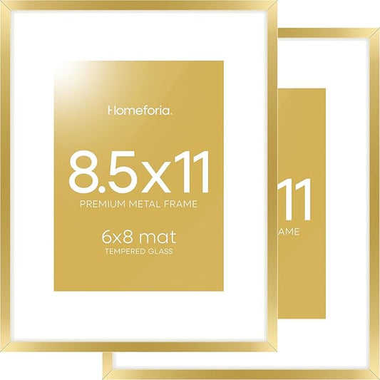 Homeforia 8.5 by 11 Picture Frame Gold, High End Metal 8.5x11 Poster Frames with Mat 6x8 Photo, 8.5 x 11 Frame Matted to 6 x 8 Print, 8.5by11 Wall or Tabletop Frame, Tempered Glass, Wall Kit, Set of 2