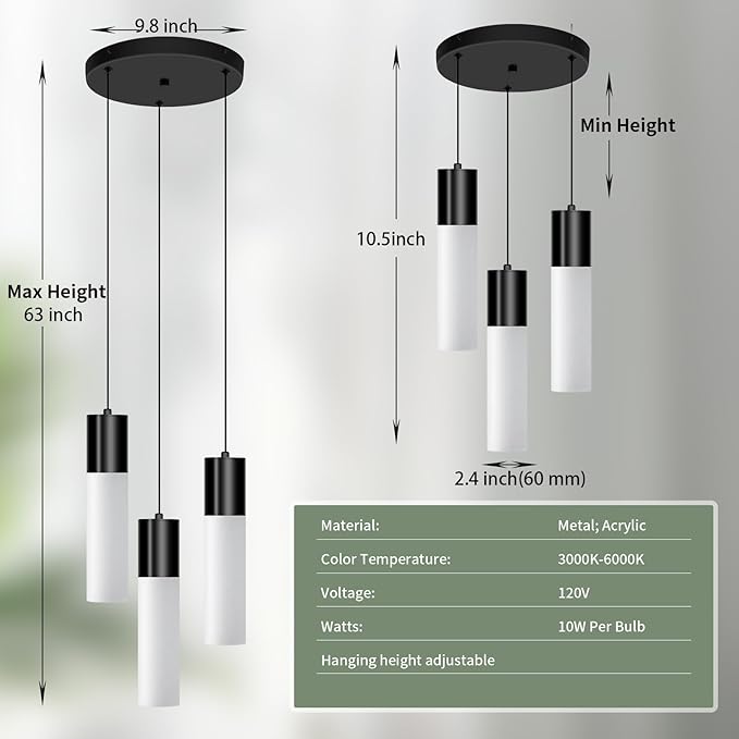 Cluster Pendant Lighting Fixture Black 3-Light Modern Hanging Dining Table Light with Milky White Lampshade LED Pendant Lights for Kitchen Island Dining Room Adjustable Height, 3000K-6000K