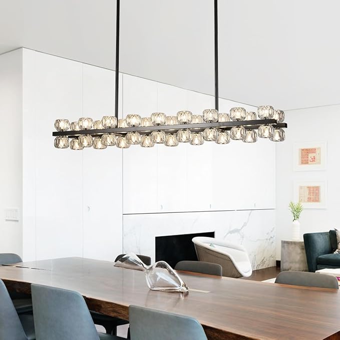 53" Linear Black Chandelier, 36 Lights Modern Crystal Chandelier for Dining Room, Island Lighting Fixture with Crystal Shades for Kitchen
