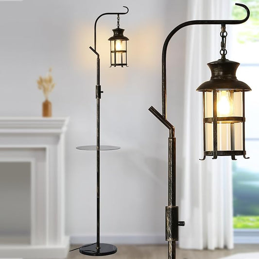 Vintage Dimmable Floor Lamp with matel Table,Classical Lanterns Standing Lamp, Rustic Farmhouse Floor Lamp with Black and Bronze Finish, for Living Room Bedroom