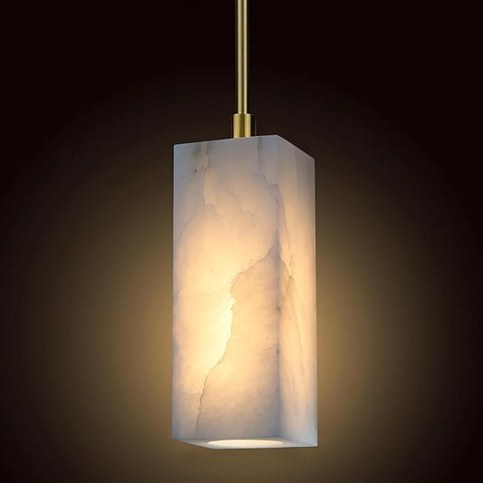 1 Light Modern Industrial Farmhouse Hanging Kitchen Island Pendant Ceiling Light Fixture,Square Cylinder Natural Alabaster Marble Brushed Bronze Finish Over Sink Restaurant bar Corridor