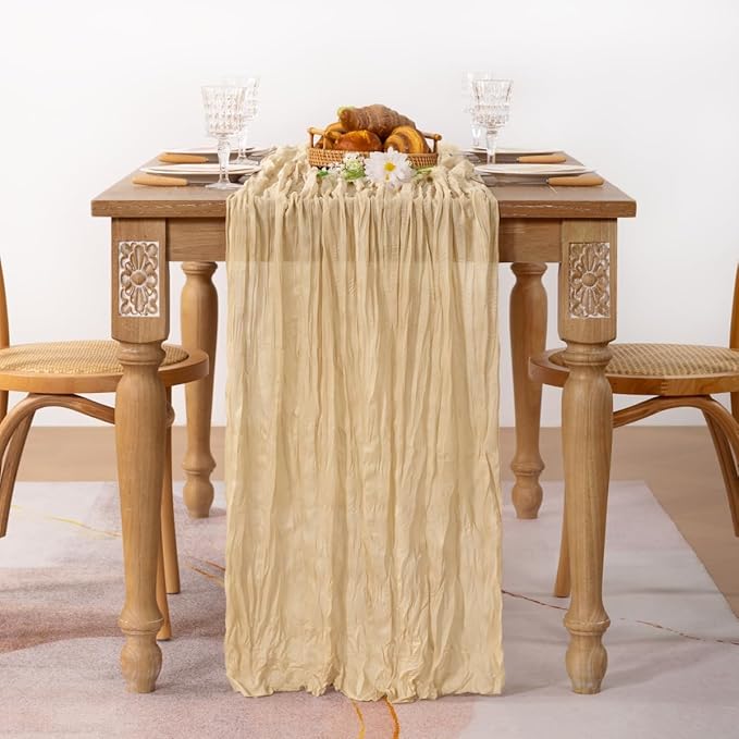 MLMC Champagne Cheesecloth Table Runner 10ft Sand Rustic Fall Gauze Cheese Cloth Table Runner 35x120 Inches for Farmhouse Cozy Holiday Outdoor Events Home Decor