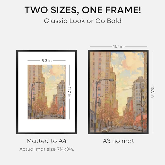 Homeforia A3 Picture Frame Black, High End Metal 11.7 x 16.5 inch Poster Frames with Mat 8.3 x 11.7 for Photo, A3 Size Frames Matted to A4 Print, 11.7x16.5 Wall Hanging Frame, Tempered Glass, Set of 2