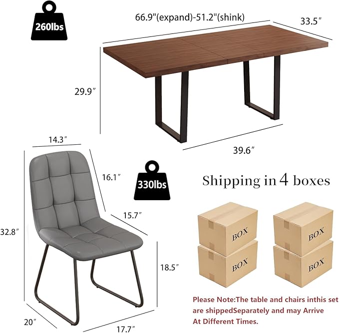 ZckyCine 67" Expandable Walnut Dining Table with 6 PU Leather Chairs, 7-Piece Modern Dining Set, Sturdy Metal Legs, Adjustable 51"-67" Rectangle Table for Kitchen & Dining Room