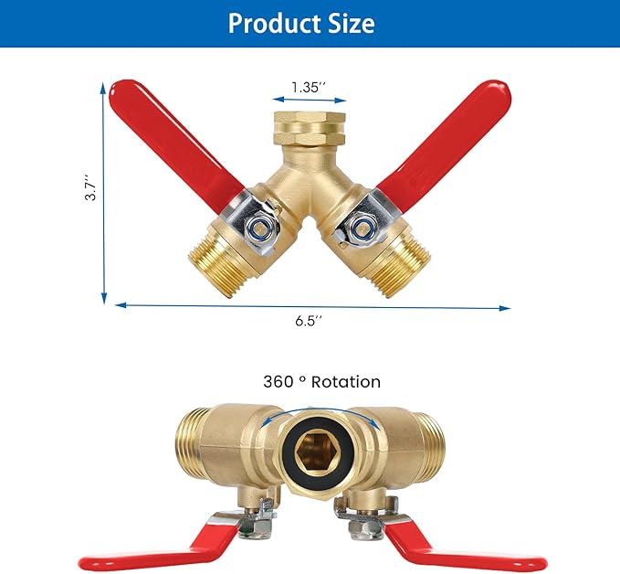 Garden Hose Splitter 2-Ways with Long Stainless Steel Handle, Full Flow Hose Splitter Connector Heavy Duty Brass, 3/4" GHT Thread Y Valve, Water Garden Hose Tap Adapter