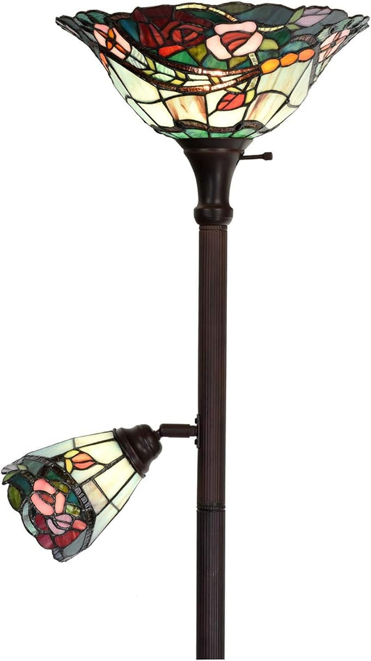 Bieye L10739 Rose Flower Tiffany Style Stained Glass Torchiere Floor Lamp with Sidelights for Reading Home Decor, 70-inch Tall