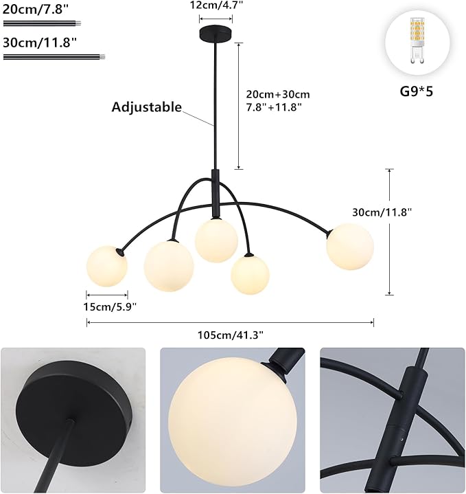 Mid Century Chandelier Black Ceiling Light 5 Light Sputnik Light Fixture with White Glass Globe Adjustable Modern Sputnik Chandelier for Dining Room Kitchen Bedroom…